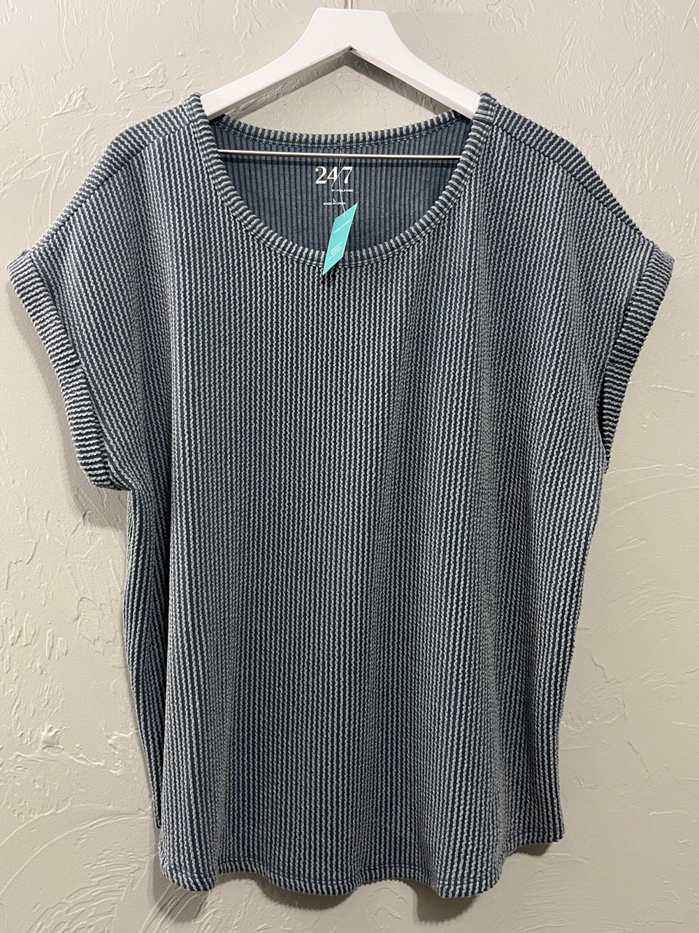 Maurices 24/7 Clara Short Sleeve Ribbed Tee Shirt Blue Striped Knit Top large lg